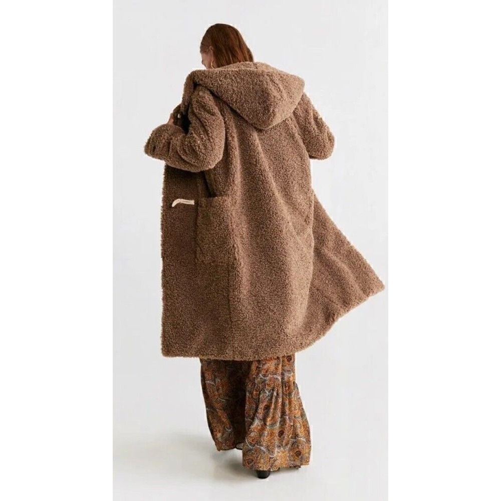 Mango Renne Brown Teddy Shearling Coat Hooded Coat toggle closure sz XS - Picture 3 of 14